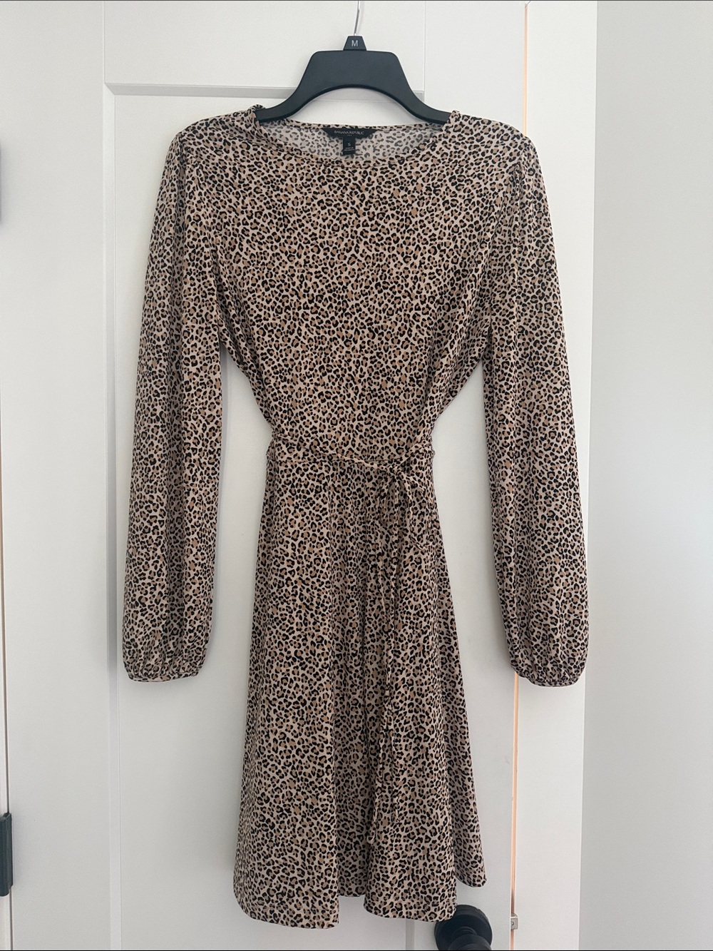 Banana Republic Leopard-Print Long Sleeve Tie-Waist Dress - Beige & Black